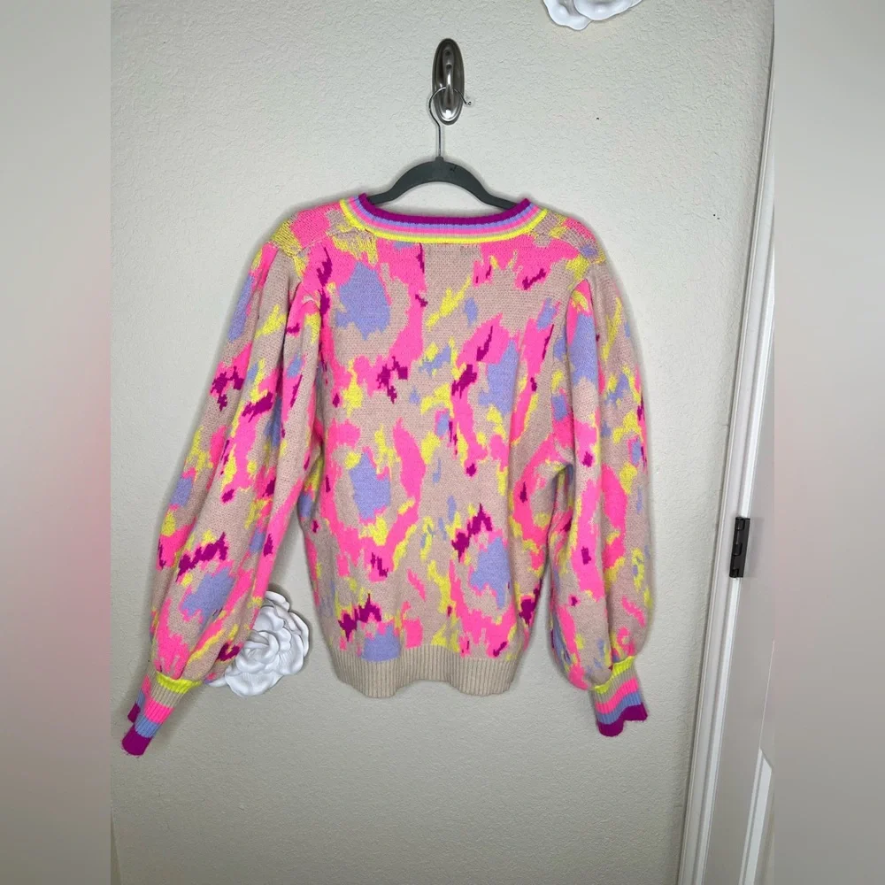 NTM Jodifl Abstract Print Sweater Neon Pink Taupe Balloon Sleeve Pullover Size L - Picture 11 of 16